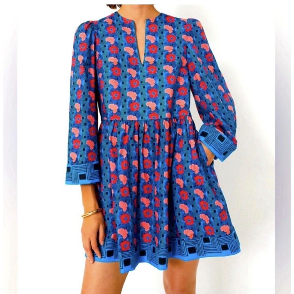 Tuckernuck Women’s Size M Blue Red Retro Floral Izzie Mini Split Neck Dress